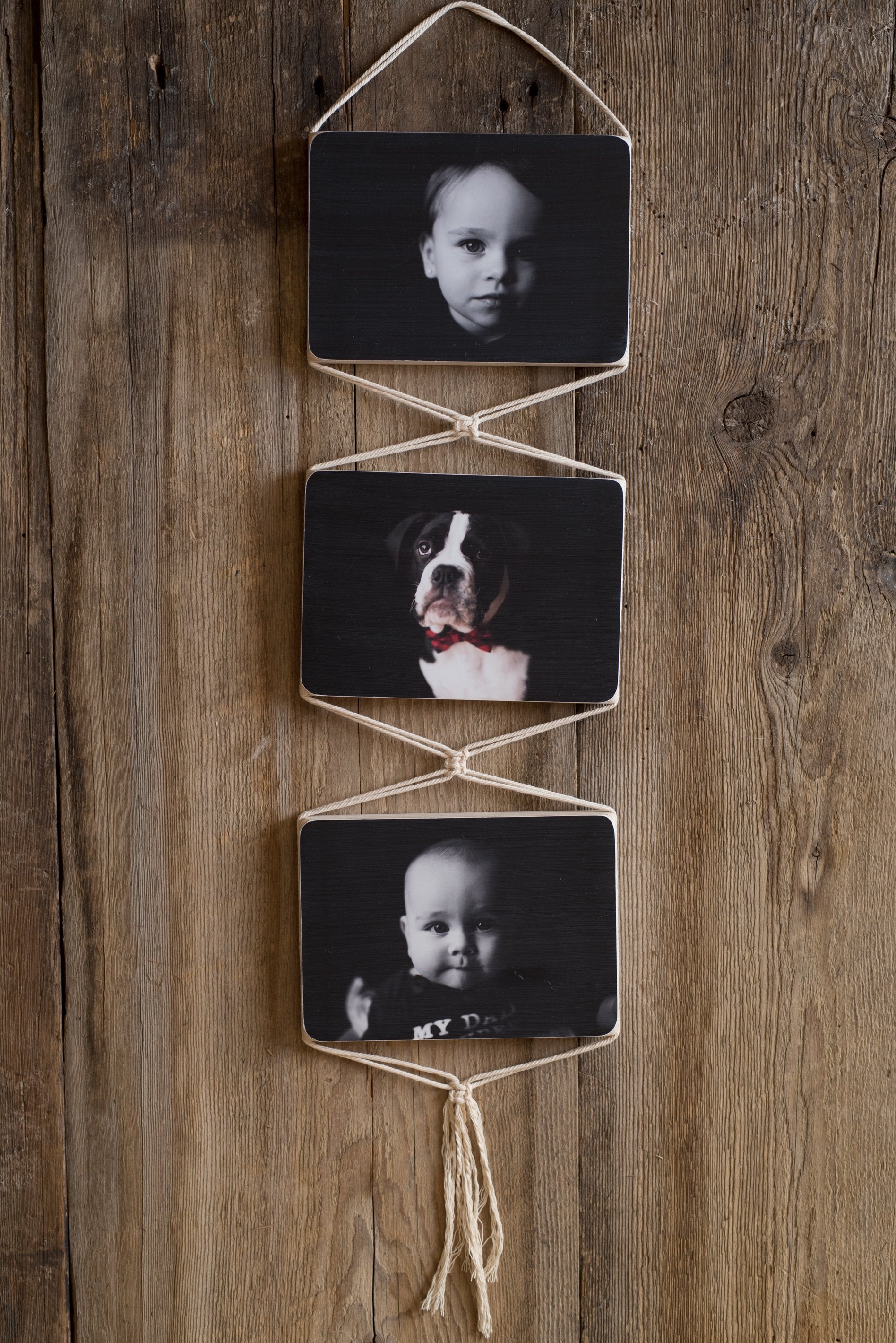 Three black and white photos mounted on wood, hanging one on top of the other. Hung with natural cord, with macrame  knots between each block with a loose tie at the bottom